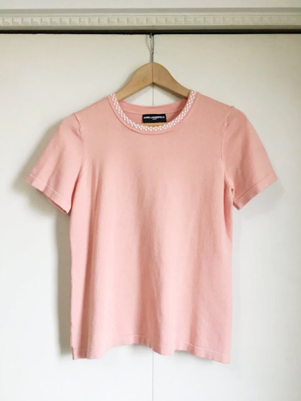 Karl Lagerfeld Paris Pastel Coral Pink Strawberry Milk Knit Sweater Tee S